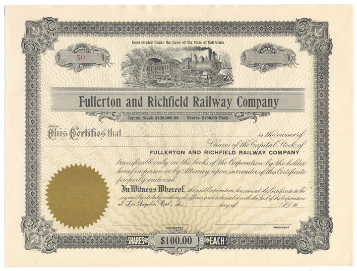 Fullerton and Richfield Railway Company Stock Certificate