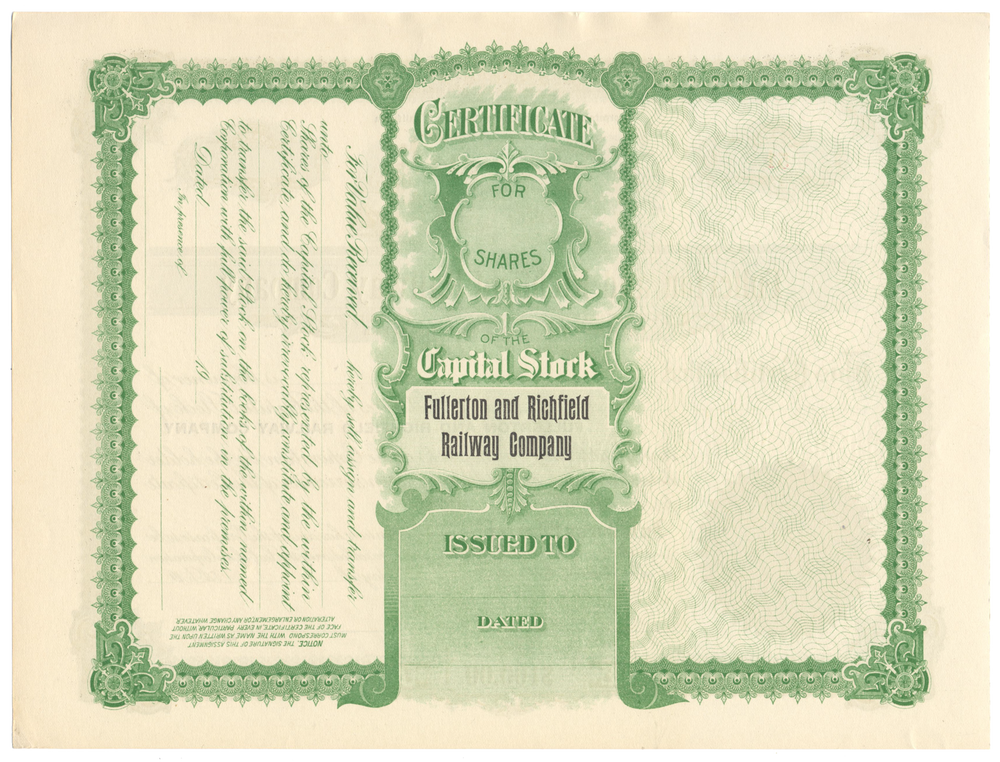 Fullerton and Richfield Railway Company Stock Certificate