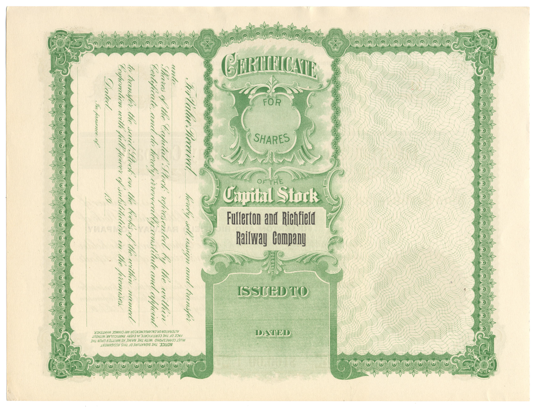 Fullerton and Richfield Railway Company Stock Certificate