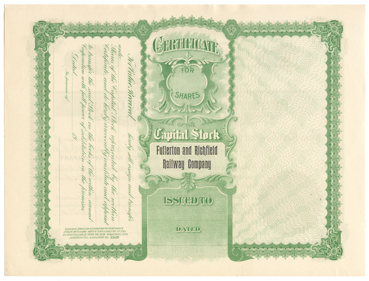 Fullerton and Richfield Railway Company Stock Certificate