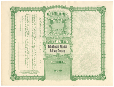 Fullerton and Richfield Railway Company Stock Certificate