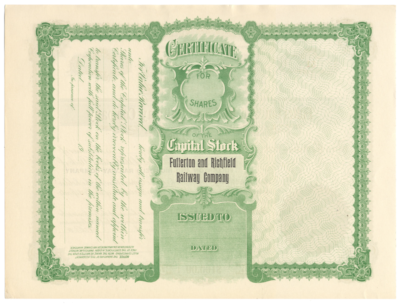 Fullerton and Richfield Railway Company Stock Certificate