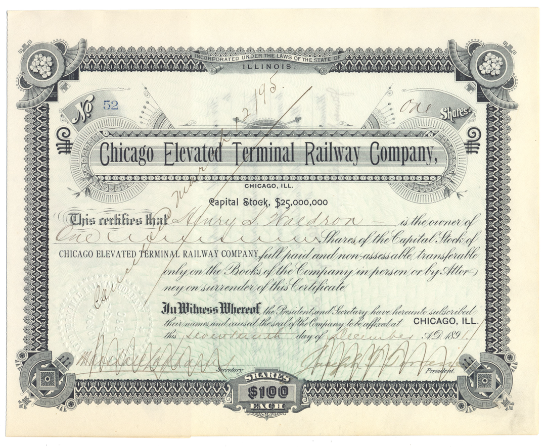 Chicago Elevated Terminal Railway Company Stock Certificate