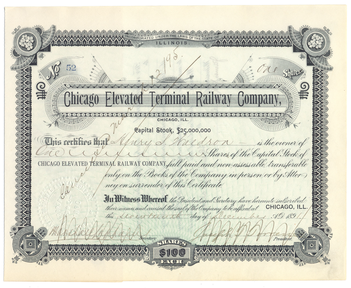 Chicago Elevated Terminal Railway Company Stock Certificate