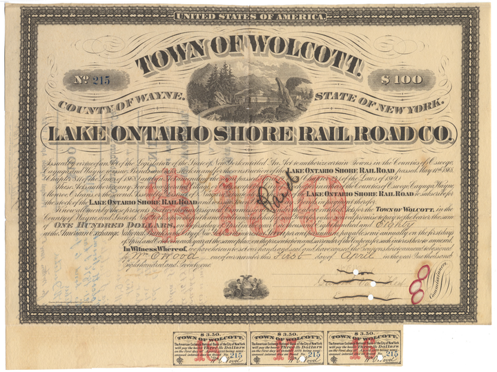 Lake Ontario Shore Rail Road Co. (Town of Wolcott, New York) Bond Certificate