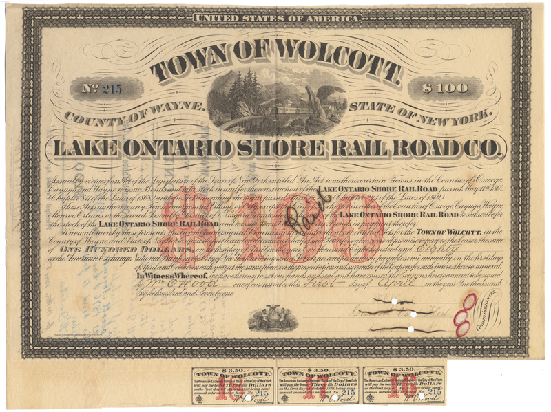 Lake Ontario Shore Rail Road Co. (Town of Wolcott, New York) Bond Certificate