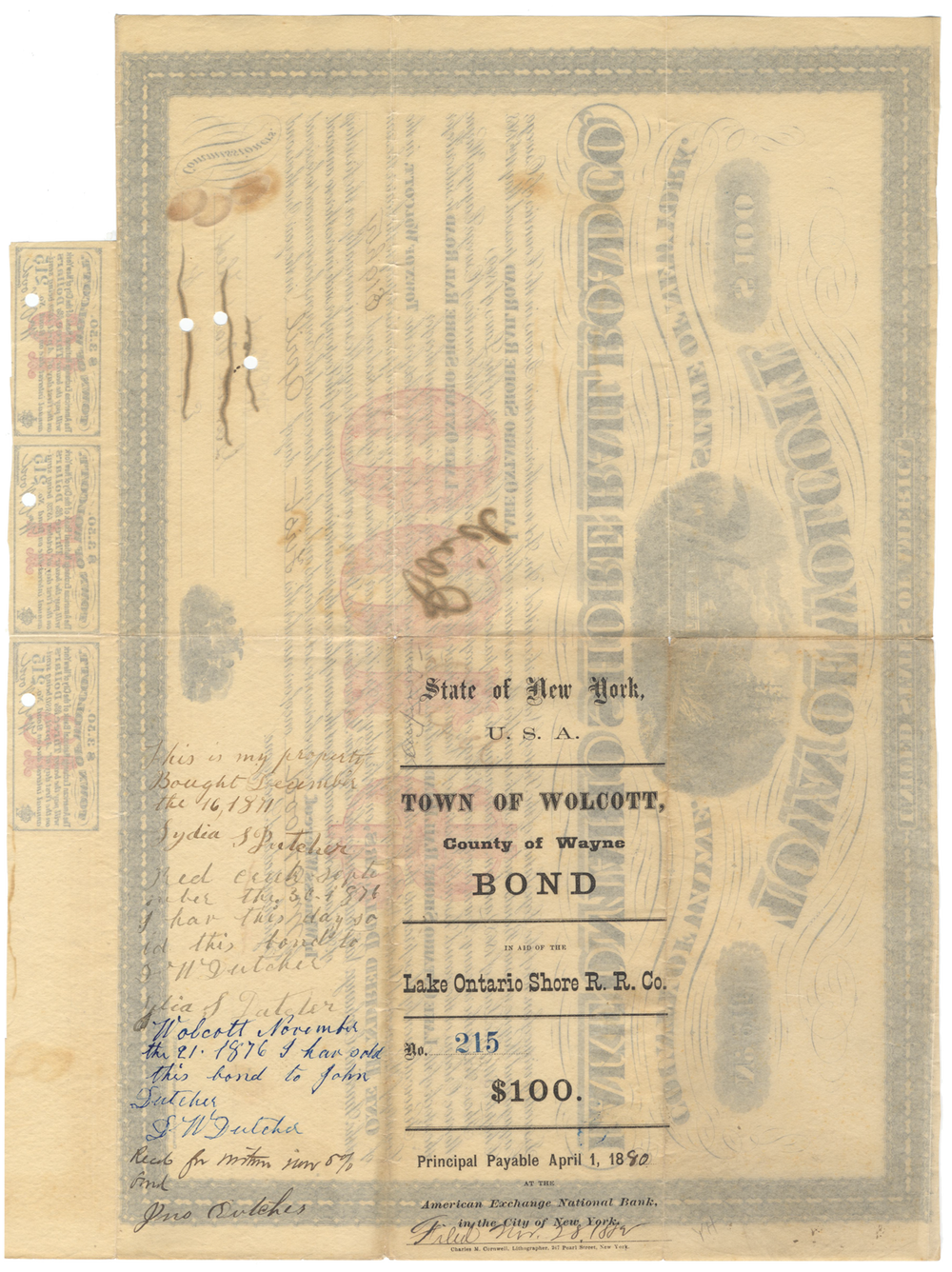 Lake Ontario Shore Rail Road Co. (Town of Wolcott, New York) Bond Certificate