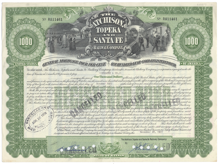 Atchison, Topeka and Santa Fe Railway Company Bond Certificate