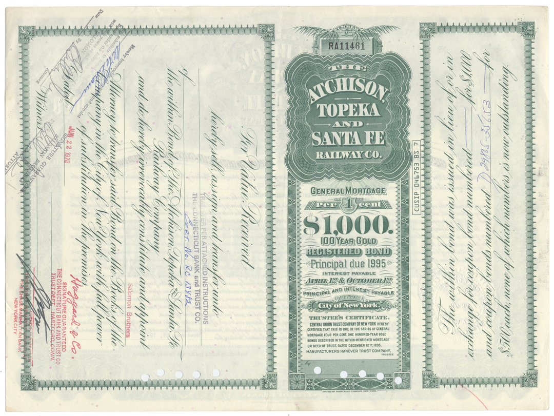 Atchison, Topeka and Santa Fe Railway Company Bond Certificate