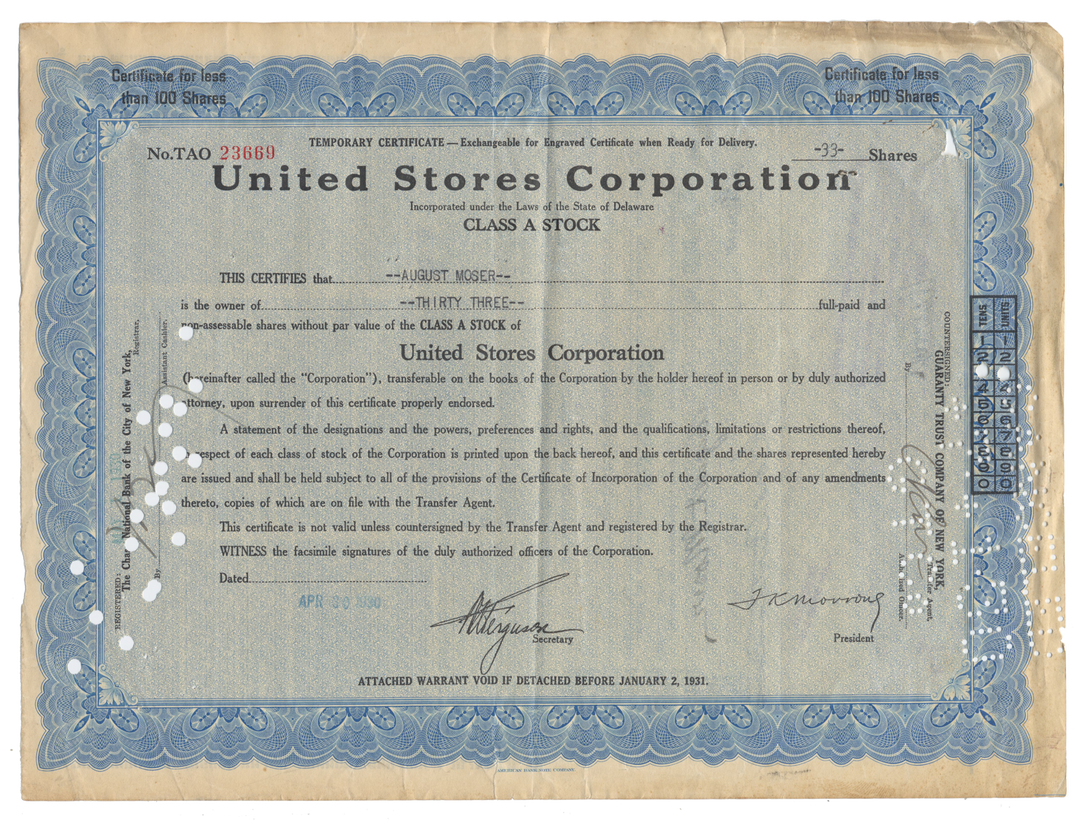 United Stores Corporation Stock Certificate