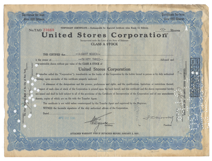 United Stores Corporation Stock Certificate