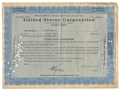 United Stores Corporation Stock Certificate