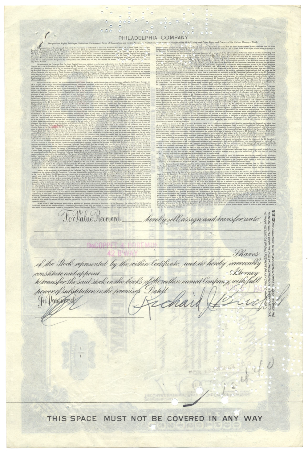 Philadelphia Company Stock Certificate