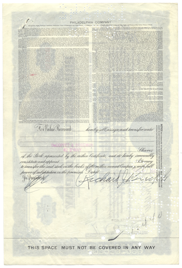 Philadelphia Company Stock Certificate