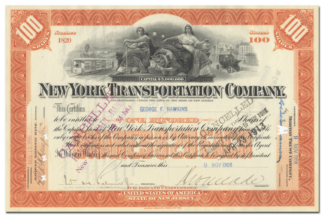 New York Transportation Company Stock Certificate Signed by William Gibbs McAdoo