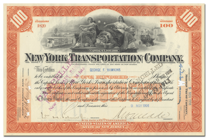 New York Transportation Company Stock Certificate Signed by William Gibbs McAdoo