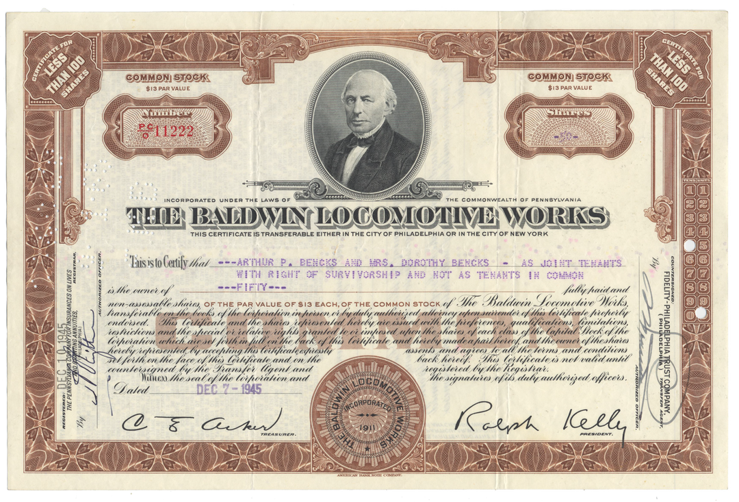 Baldwin Locomotive Works Stock Certificate