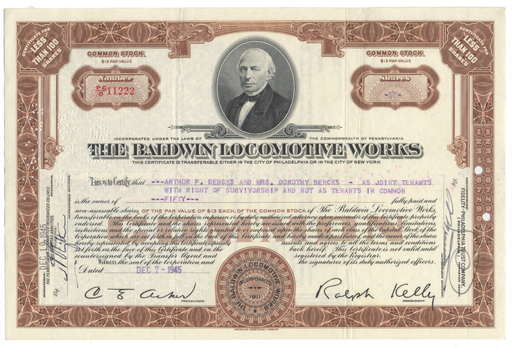 Baldwin Locomotive Works Stock Certificate