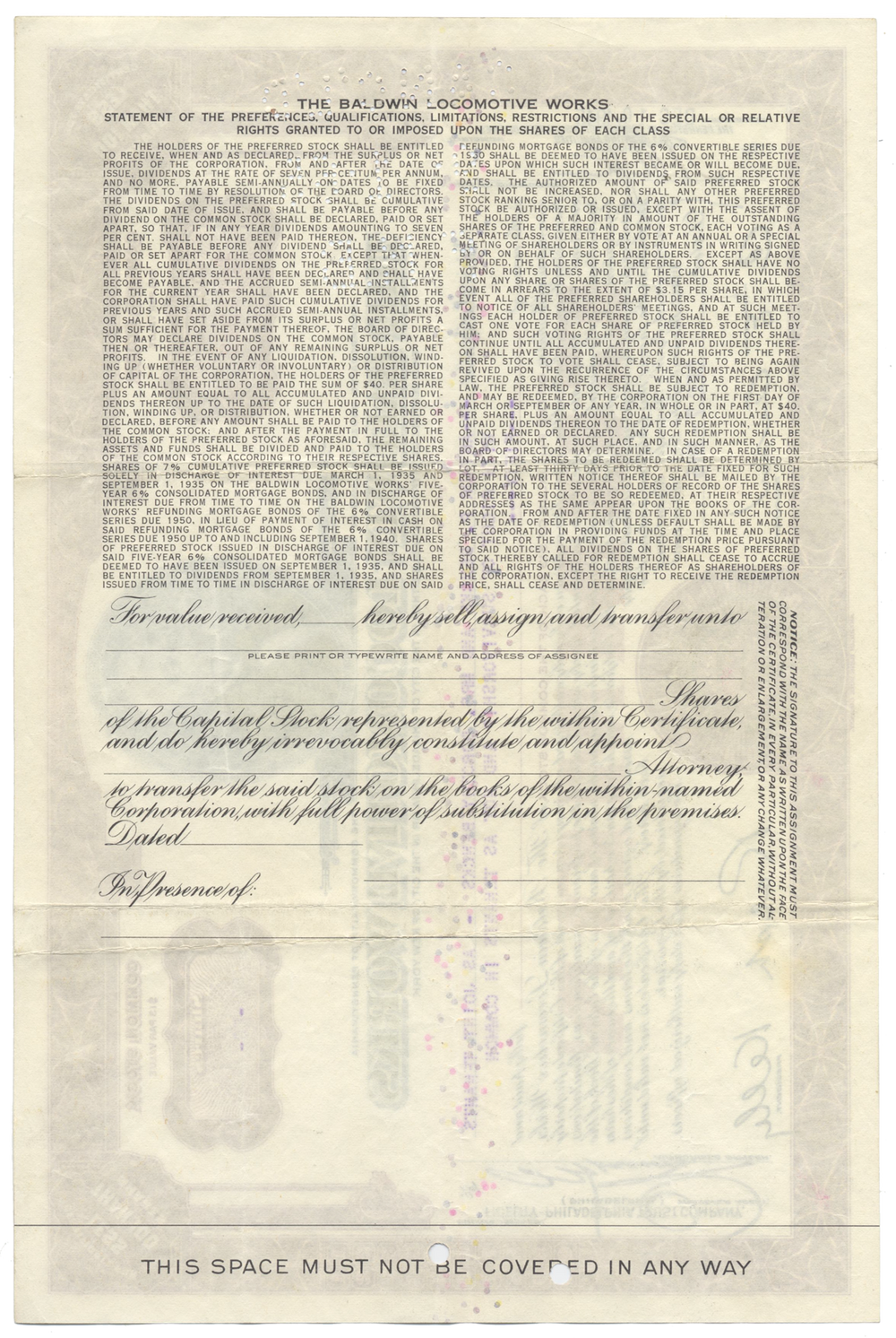 Baldwin Locomotive Works Stock Certificate