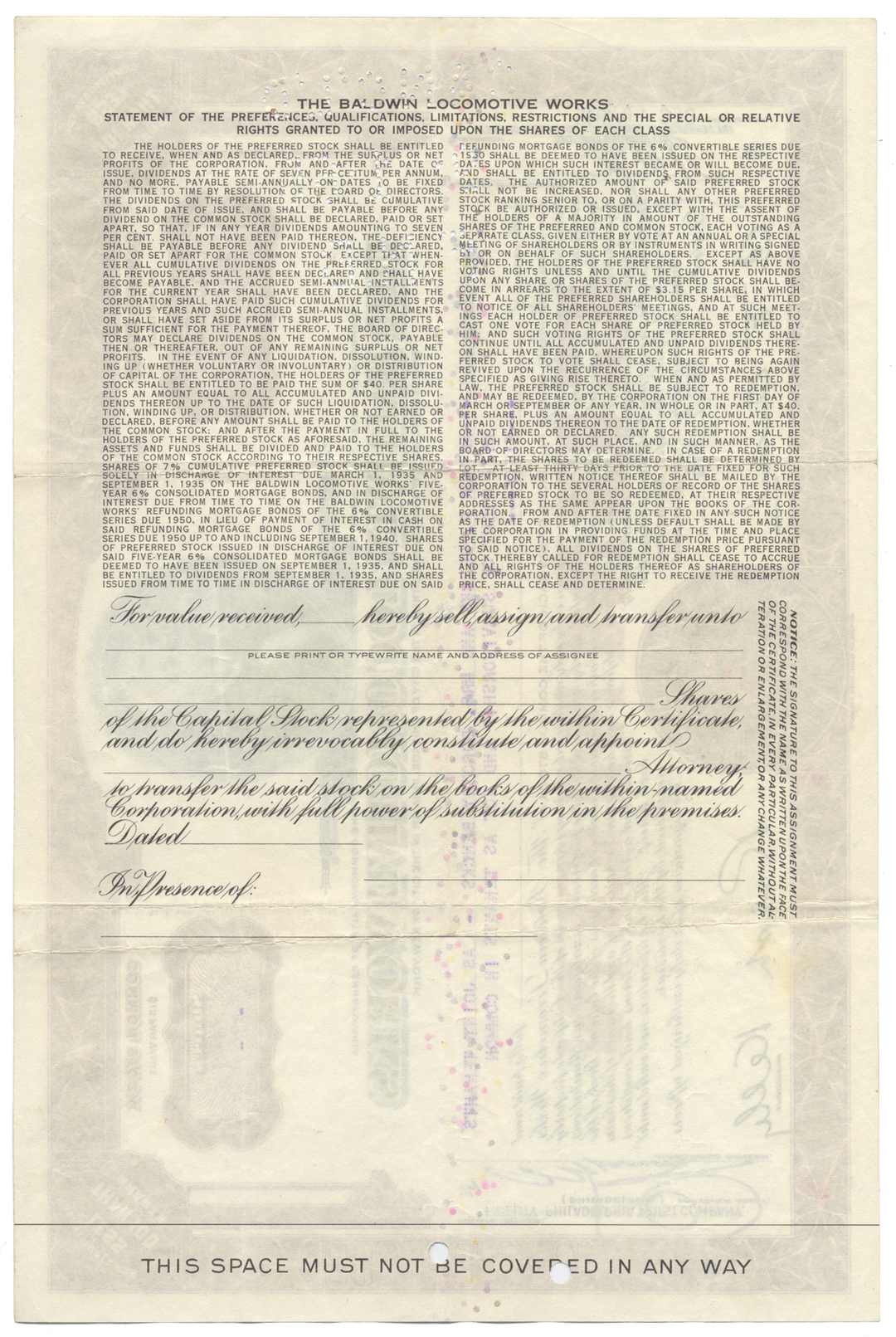 Baldwin Locomotive Works Stock Certificate