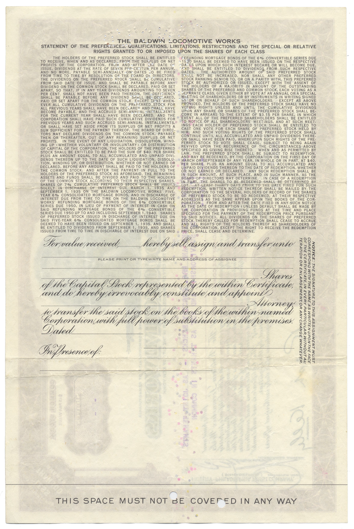 Baldwin Locomotive Works Stock Certificate