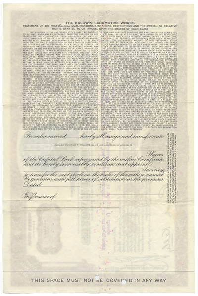 Baldwin Locomotive Works Stock Certificate