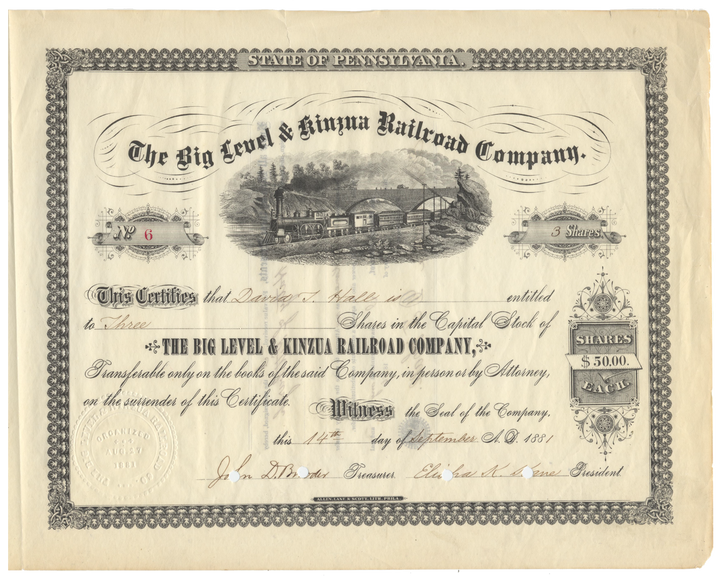 Big Level & Kinzua Railroad Company Stock Certificate