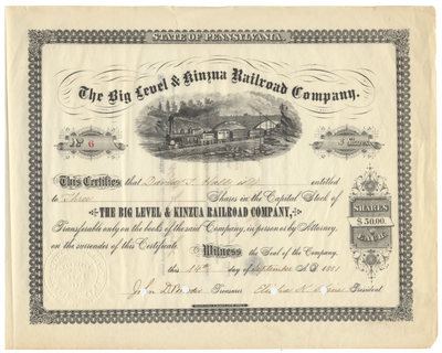Big Level & Kinzua Railroad Company Stock Certificate