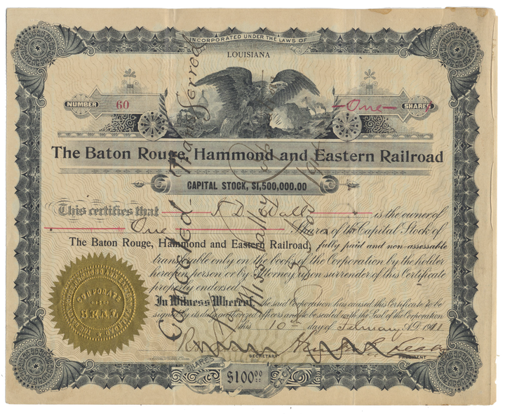 Baton Rouge, Hammond and Eastern Railroad Company Stock Certificate