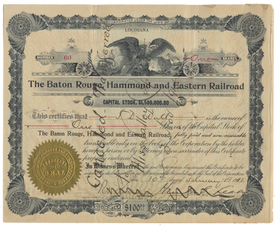 Baton Rouge, Hammond and Eastern Railroad Company Stock Certificate