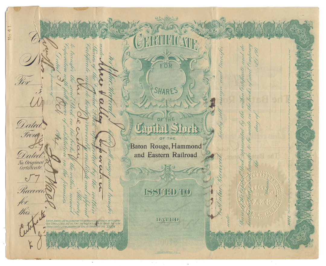 Baton Rouge, Hammond and Eastern Railroad Company Stock Certificate