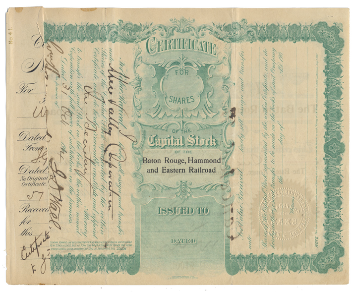 Baton Rouge, Hammond and Eastern Railroad Company Stock Certificate