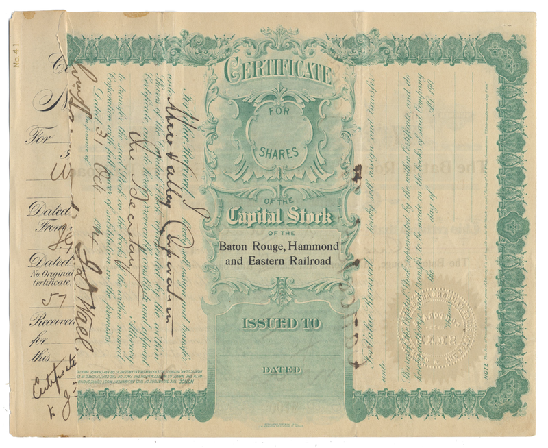 Baton Rouge, Hammond and Eastern Railroad Company Stock Certificate