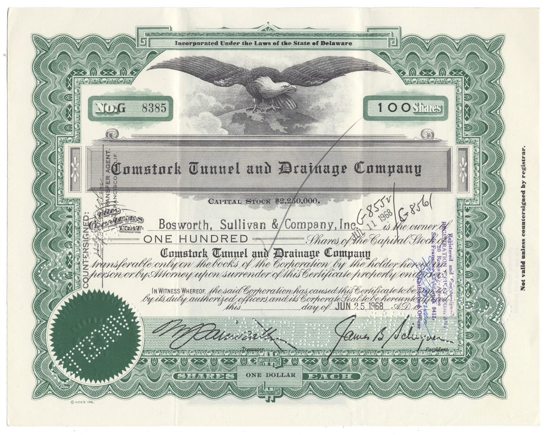 Comstock Tunnel and Drainage Company Stock Certificate