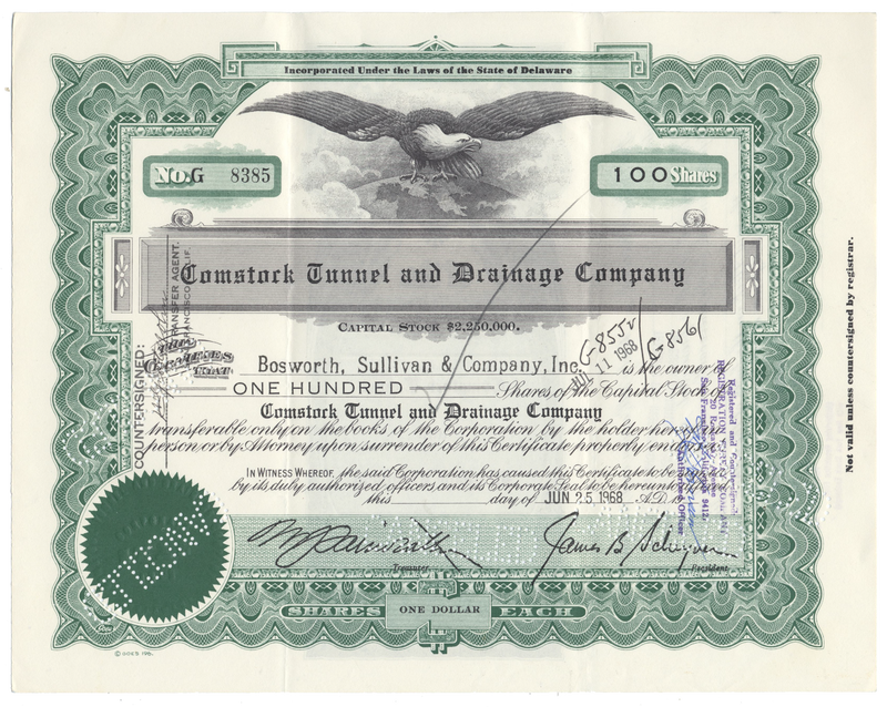 Comstock Tunnel and Drainage Company Stock Certificate