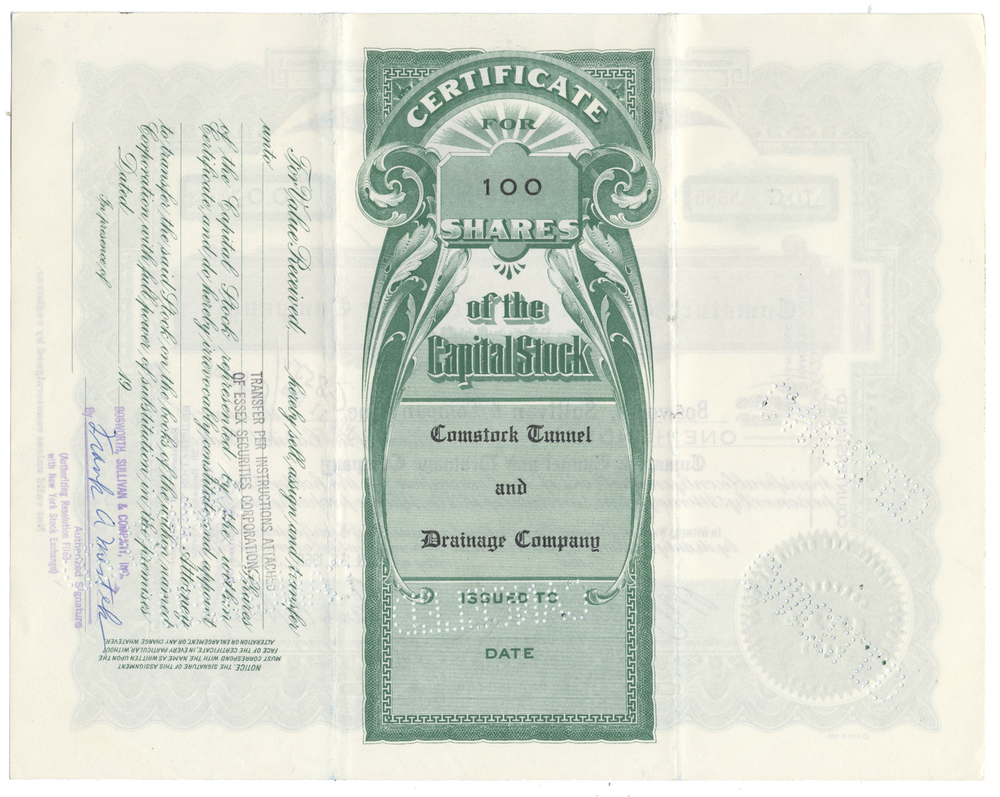 Comstock Tunnel and Drainage Company Stock Certificate