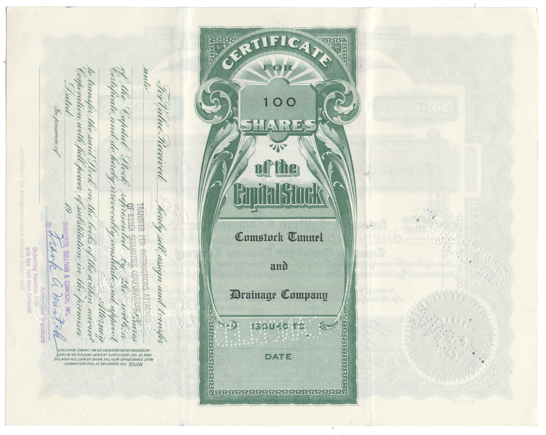 Comstock Tunnel and Drainage Company Stock Certificate