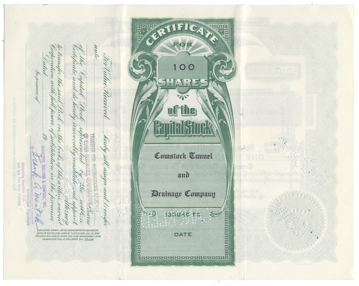 Comstock Tunnel and Drainage Company Stock Certificate