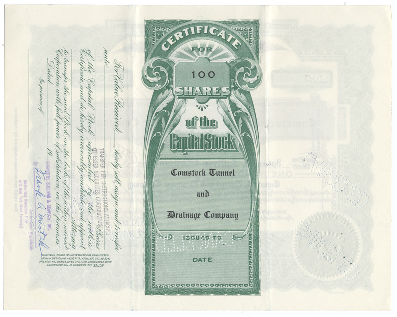 Comstock Tunnel and Drainage Company Stock Certificate
