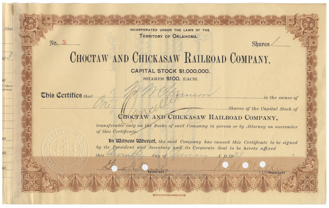 Choctaw and Chickasaw Railroad Company Stock Certificate