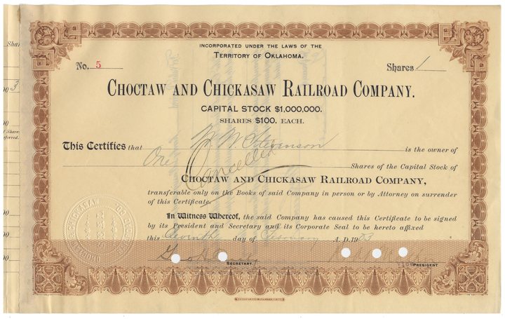 Choctaw and Chickasaw Railroad Company Stock Certificate