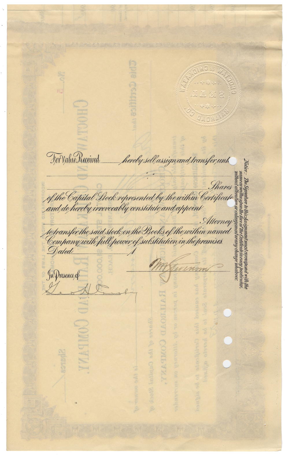 Choctaw and Chickasaw Railroad Company Stock Certificate