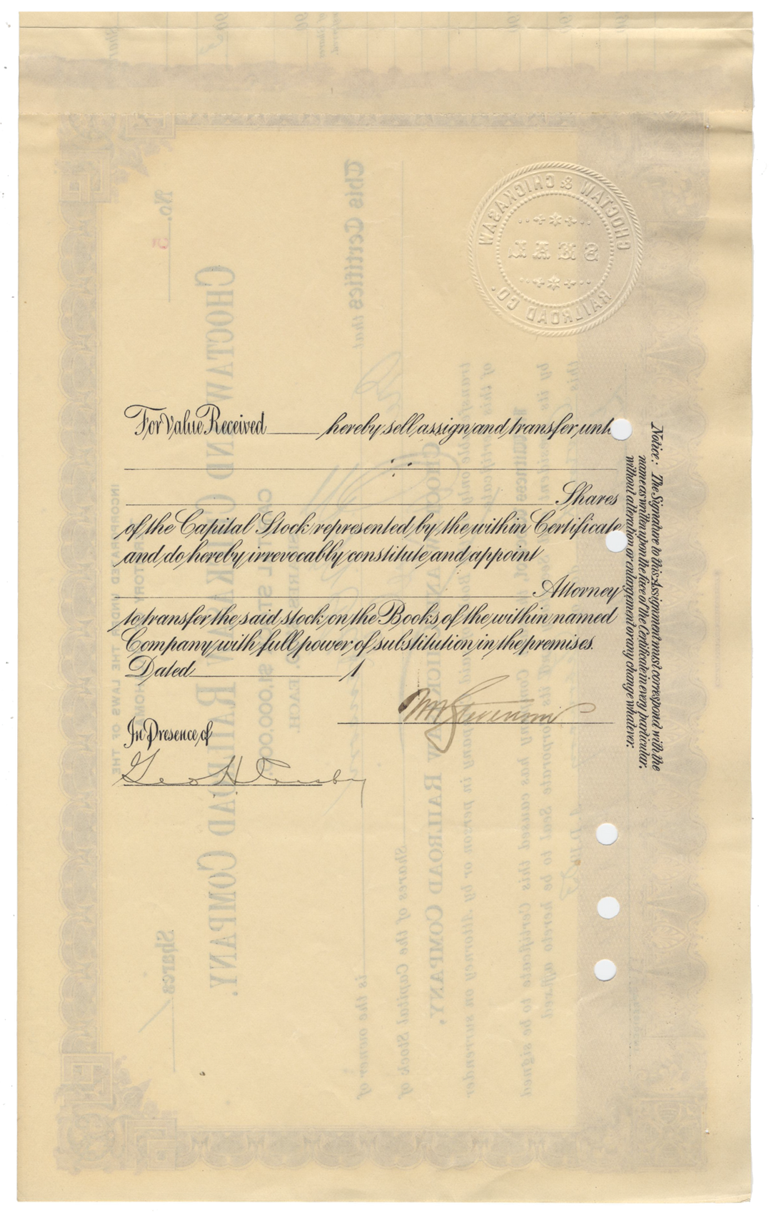 Choctaw and Chickasaw Railroad Company Stock Certificate