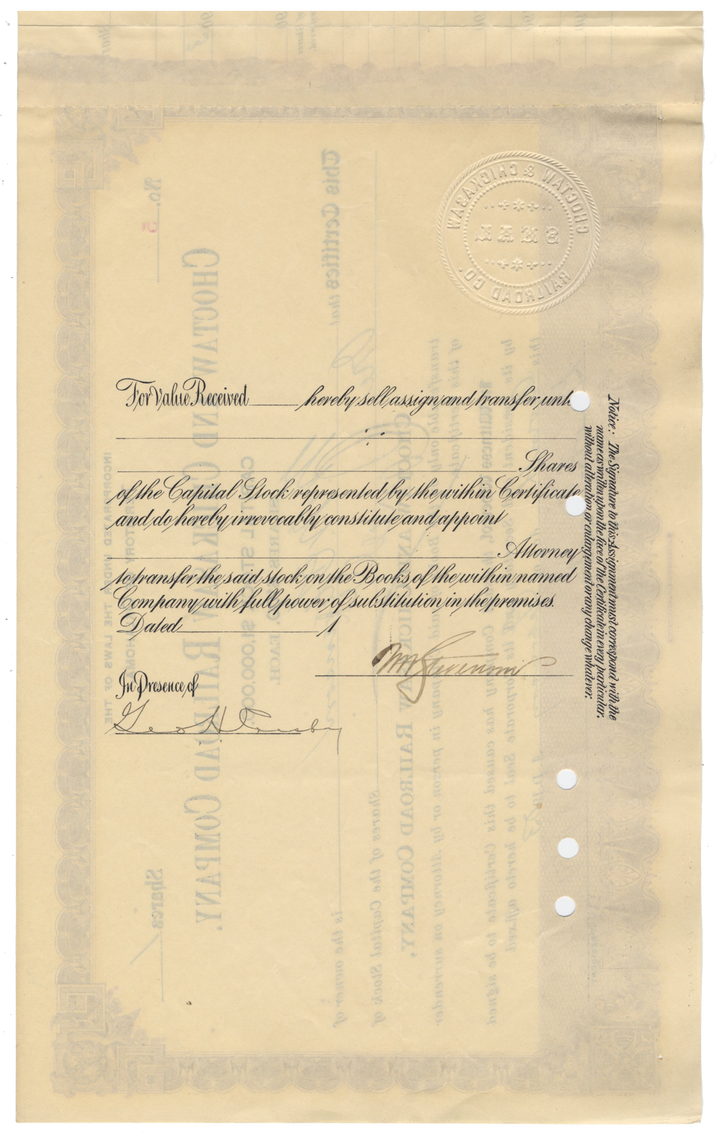 Choctaw and Chickasaw Railroad Company Stock Certificate