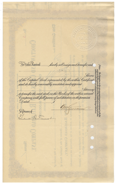 Choctaw and Chickasaw Railroad Company Stock Certificate