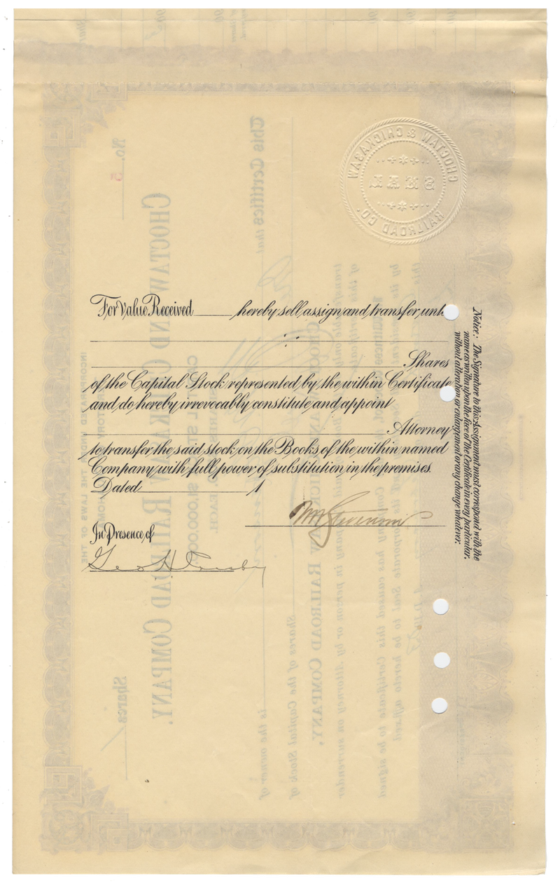 Choctaw and Chickasaw Railroad Company Stock Certificate