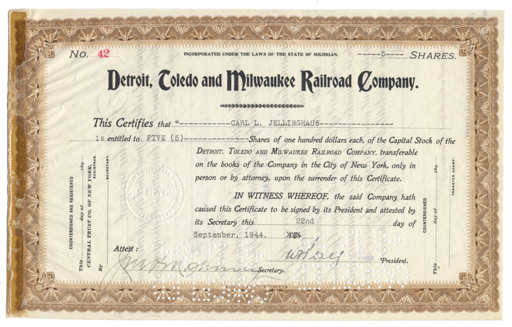 Detroit, Toledo and Milwaukee Railroad Company Stock Certificate