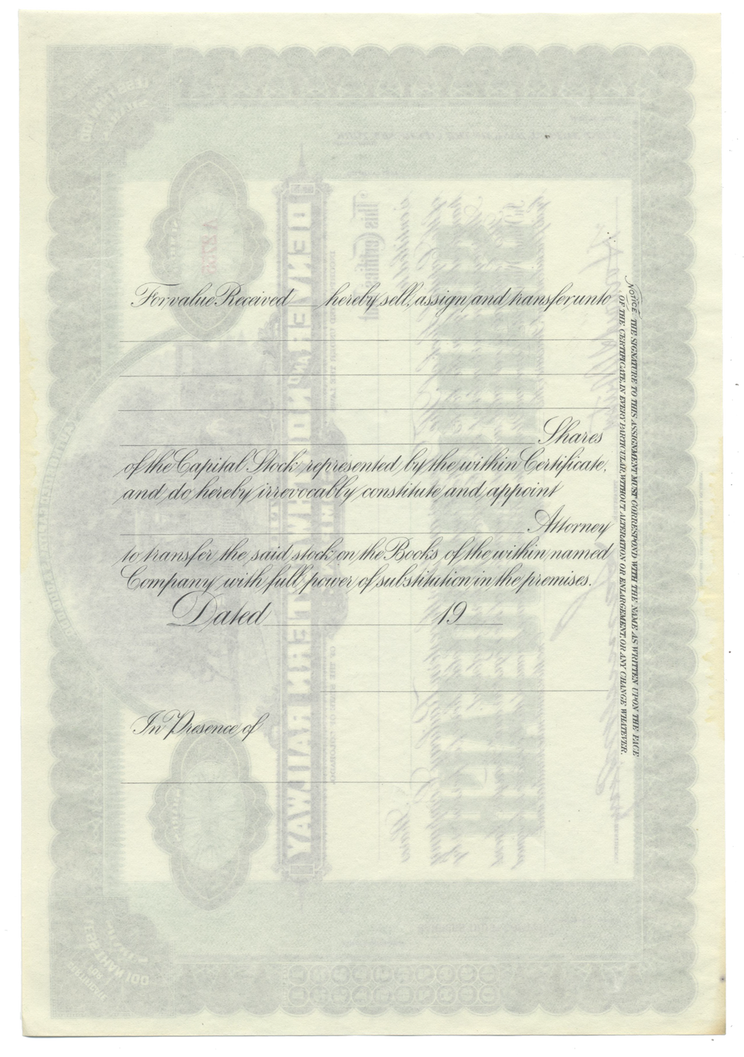 Denver and Northwestern Railway Company Stock Certificate