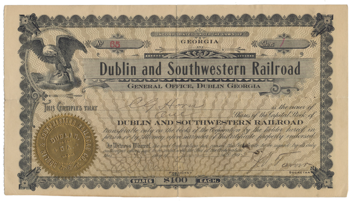 Dublin and Southwestern Railroad Stock Certificate