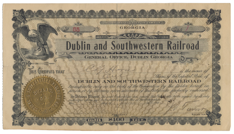 Dublin and Southwestern Railroad Stock Certificate